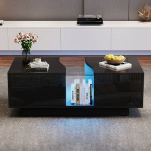 Led Coffee Table With 2 Drawer Storage, High Gloss Coffee Table For Living Room Unique Shape Centre Table With 16-Color Led Lights,End Table For Home Office Furniture, Black