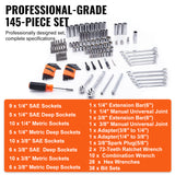 VEVOR Mechanics Tool Set And Socket Set,  Drive Deep And Standard Sockets, 145 Pcs SAE And Metric Mechanic Tool Kit With Bits, Combination Wrench, Hex Wrenches, Accessories, Storage Case