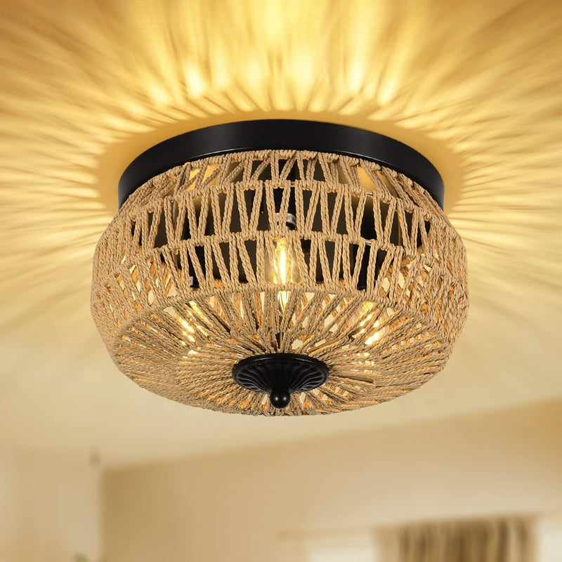 3 Lamp Woven Rattan Recessed Chandelier Lamp Fixture With Handmade Cage Lampshade For Bedroom, Kitchen, Hallway, Porch Unavailable Platforms- Welfel