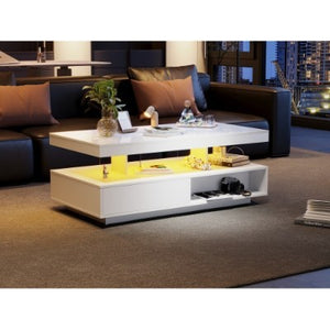 Led Coffee Table With 2 Drawer Storage, High Gloss Coffee Table For Living Room Open Storage Space Centre Table With 16-Color Led Lights,End Table For Home Office Furniture, White