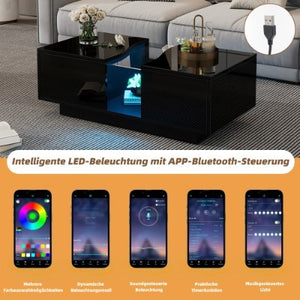 Led Coffee Table With 2 Drawer Storage, High Gloss Coffee Table For Living Room Unique Shape Centre Table With 16-Color Led Lights,End Table For Home Office Furniture, Black